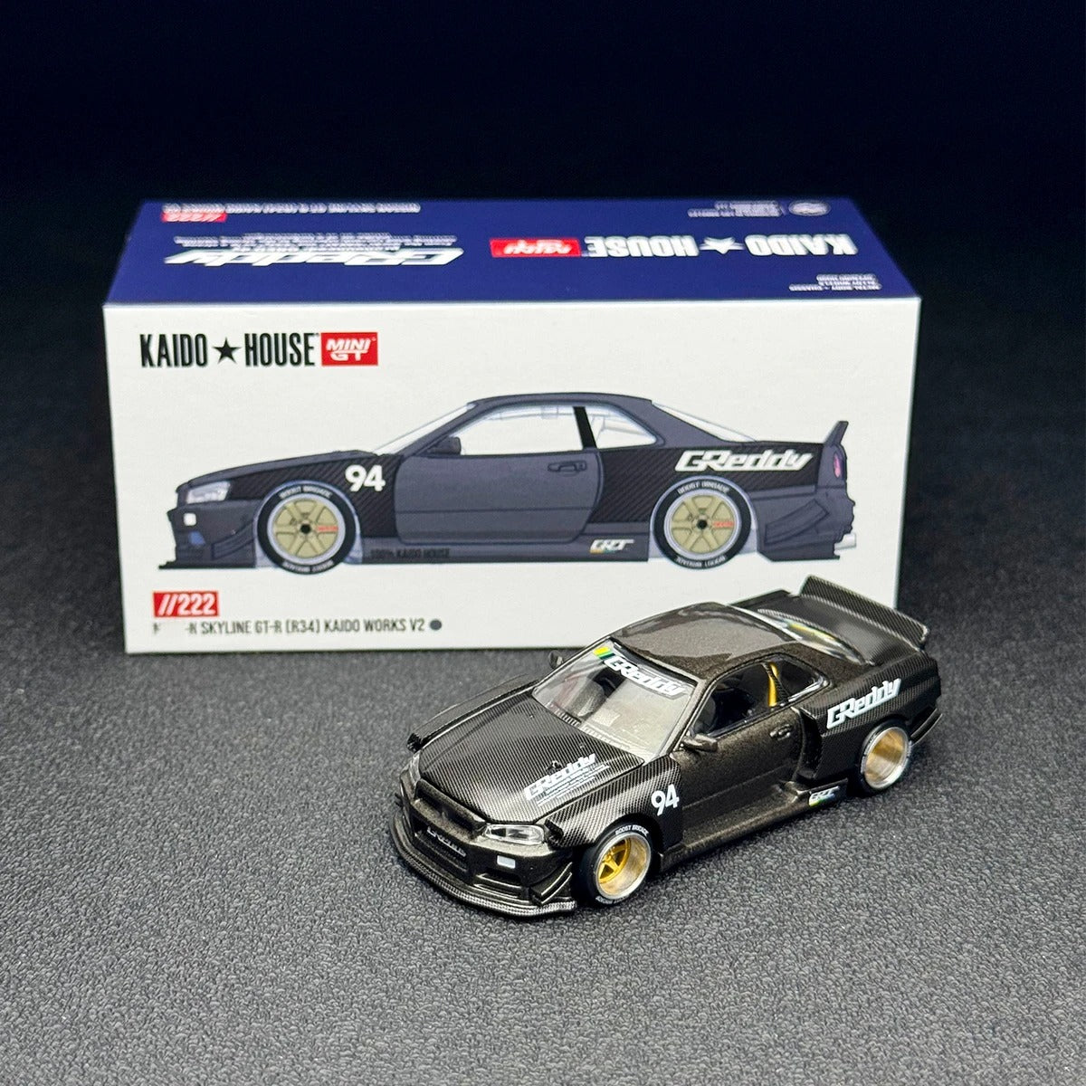 KaidoHouse x MiniGT R34 #222 — Greddy Black/Carbon LIMITED